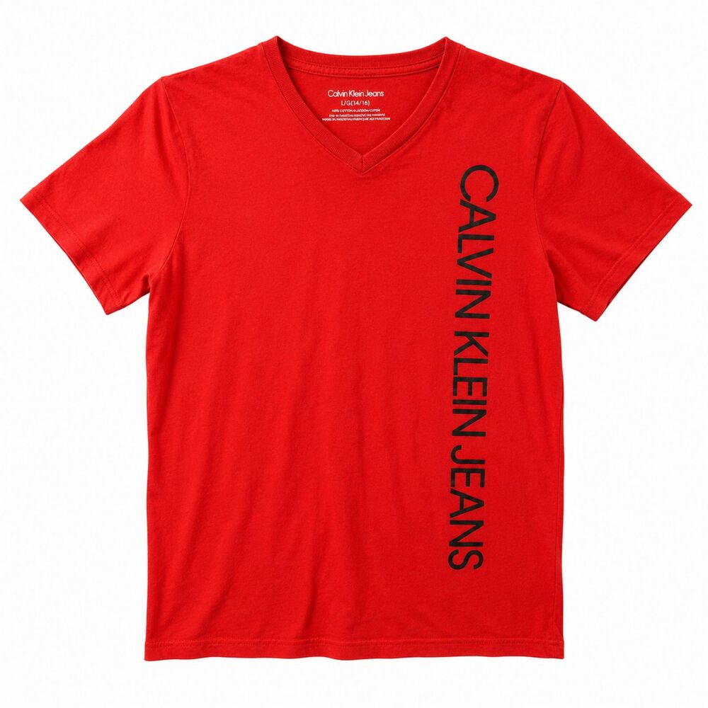 Calvin Klein Jeans Boys Red Logo T-Shirt Size L/G 14/16 Short Sleeve Crew Neck